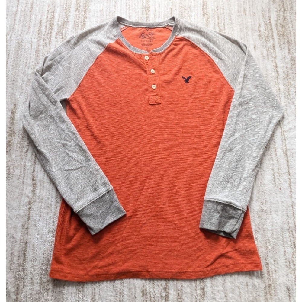 American Eagle Heritage Shirt Mens Sz M Thermal Waffle Knit Raglan Orange Henley